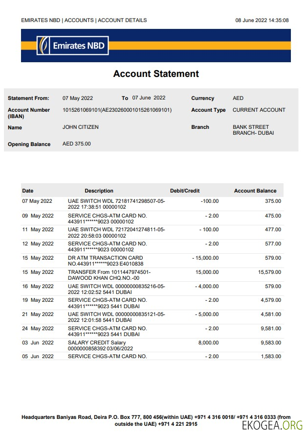 Modèle Word et PDF de relevé bancaire NBD des Émirats arabes unis à Dubaï, version 2